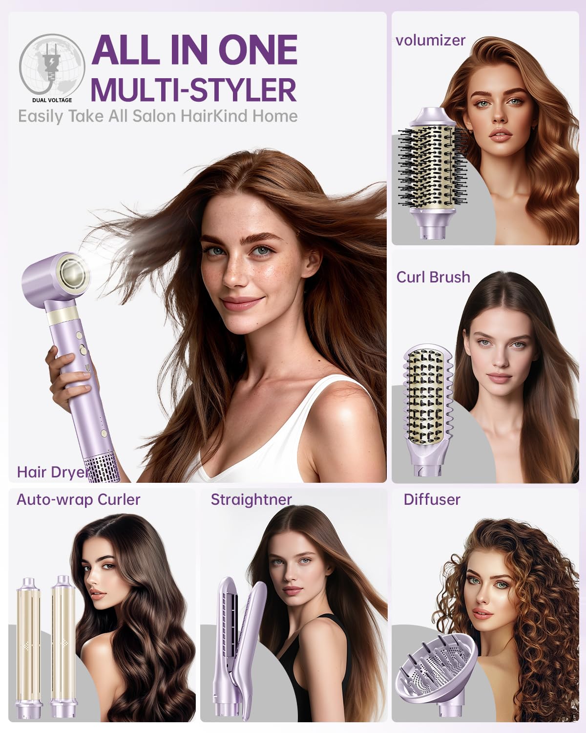 Hair Dryer Brush 7-in-1 Dual Voltage Hot Air Styler – Fast-Drying 110,000 RPM Ionic Blow Dryer with Straightener & Curler Attachments, Frizz-Free Volumizing Styler with Protective Hard Case-Purple
