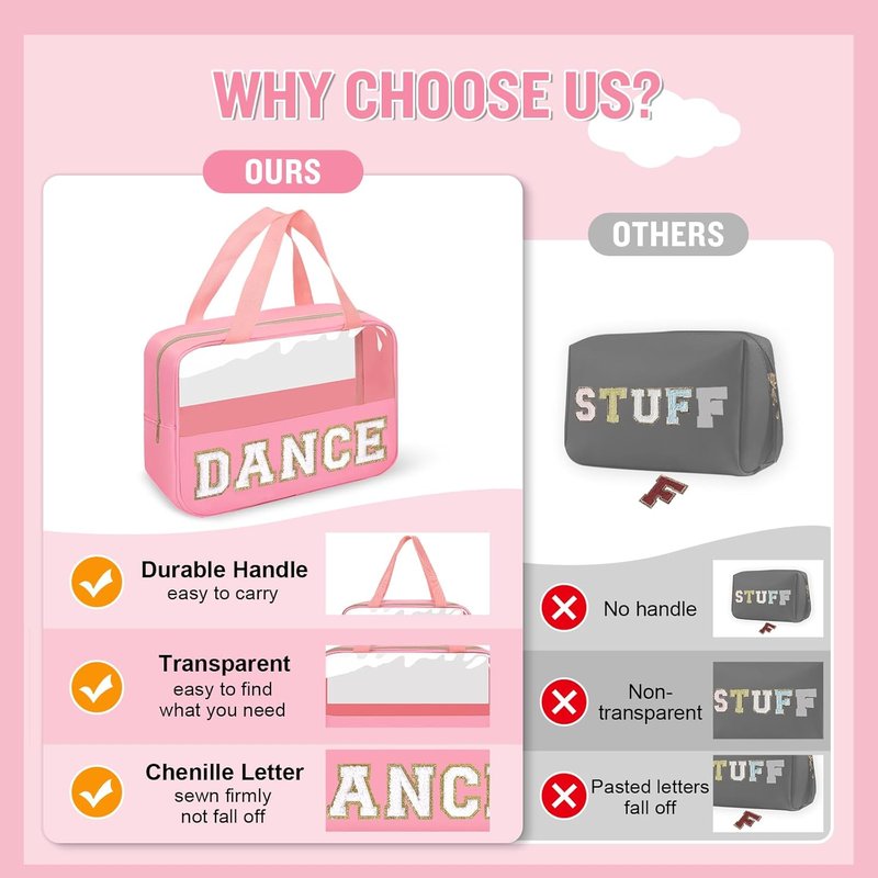 Dance Bag for Girls - Chenille Letter Clear Makeup & Shoe Storage | Toddler Ballet Accessory in Pink
