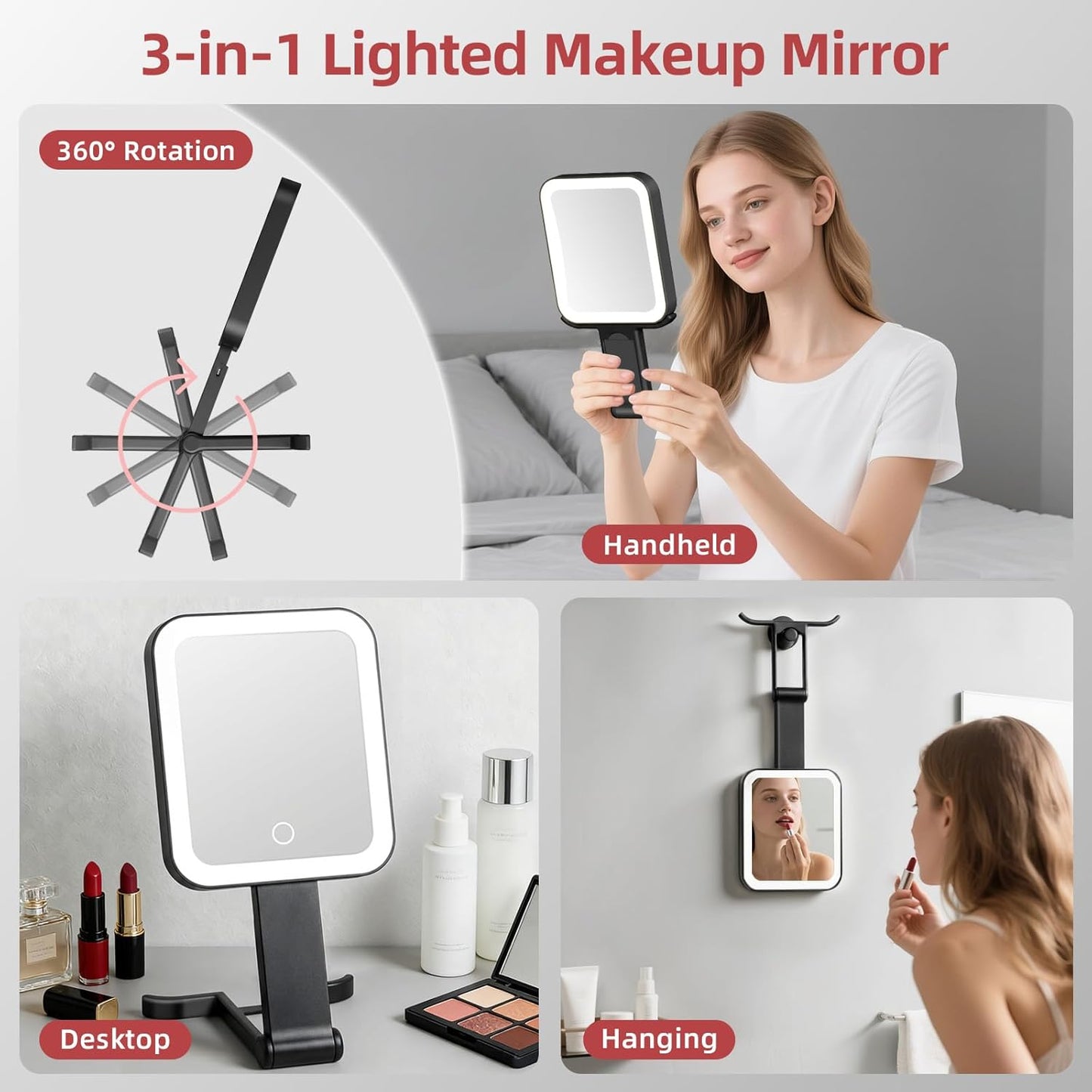 Rechargeable Travel Mirror with Lights - 10X/1X Double-Sided, 3 Color Lighting | Smart Touch Dimming, Precision Tweezers (10.3"x5.2")