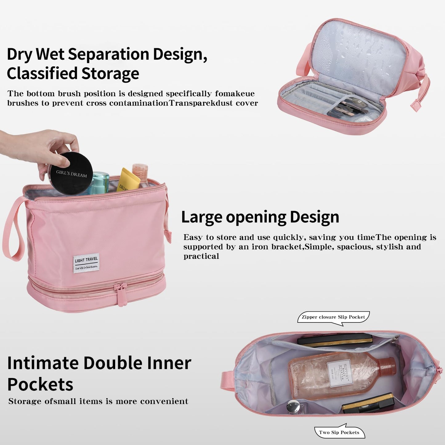 Haokuaile Hanging Travel Toiletry Bag for Women, Makeup Bag, Compact, sturdy, Lightweight, Waterproof, Simple and Practical, Functions As Both Cosmetic Organizer And Toiletry Bag (Woman, Pink)