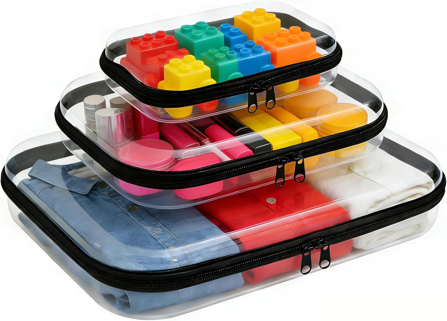 Clear Hard Shell Zipper Case Set - 3PCS Portable Toiletry & Makeup Organizer | White