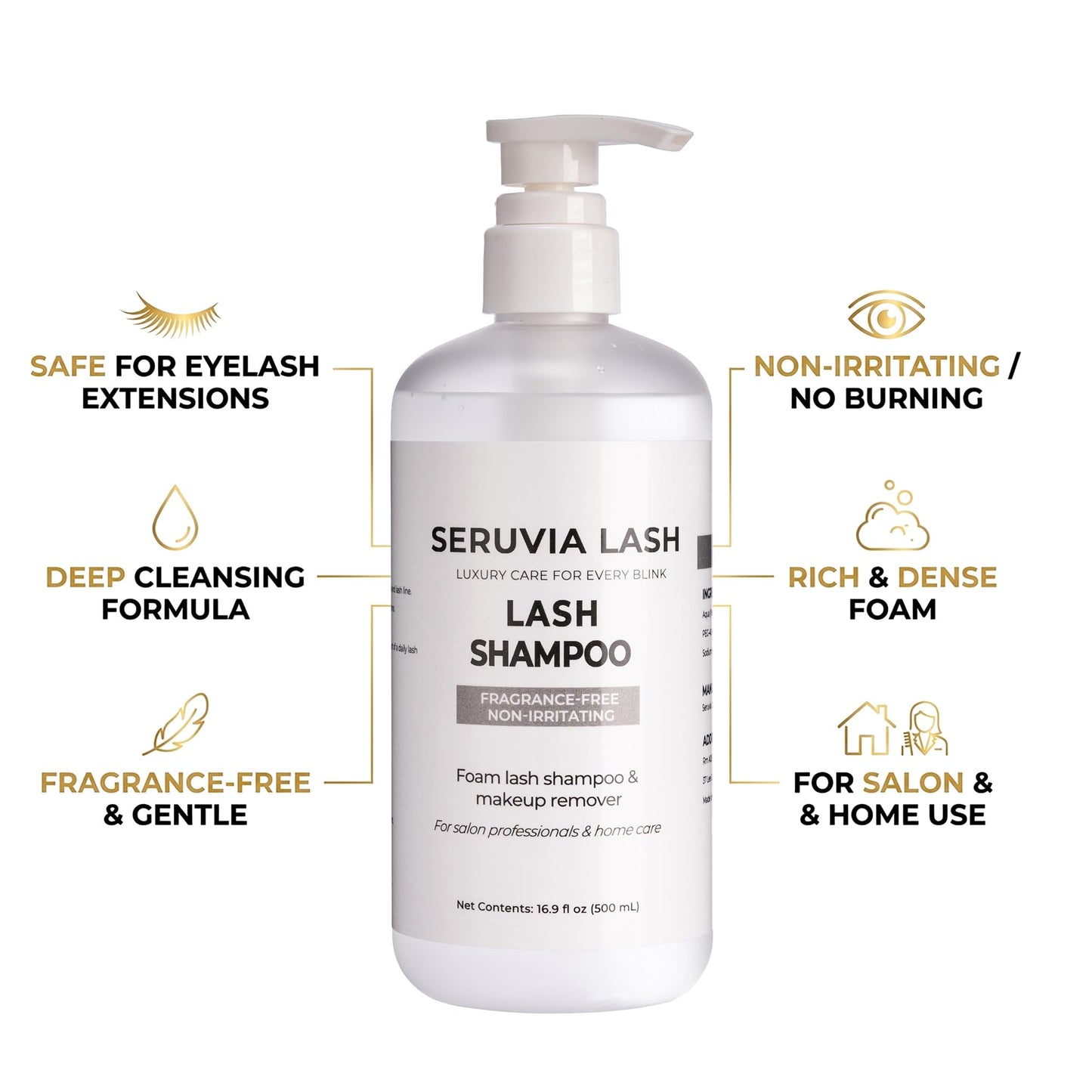 Seruvia Unscented Lash Shampoo Bulk Refill - 500ml Eyelash Extension Cleanser, Oil-Free Lash Wash for Sensitive Eyes (Includes 2 Foaming Bottles, 12 Brushes & 2 Aftercare Cards)
