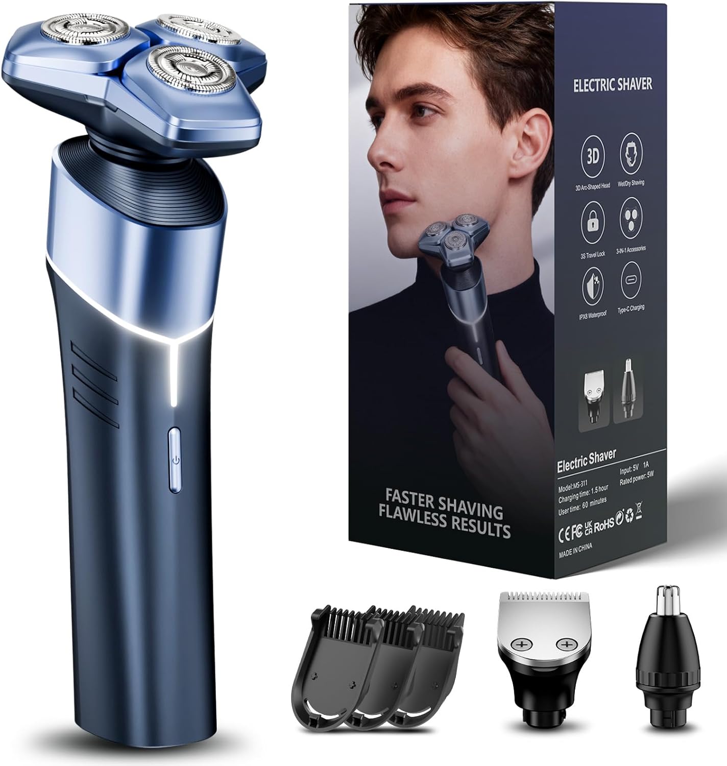 Electric Razor for Men - 3-in-1 Shaver with Hair Clipper & Nose Trimmer | Metallic Blue Finish