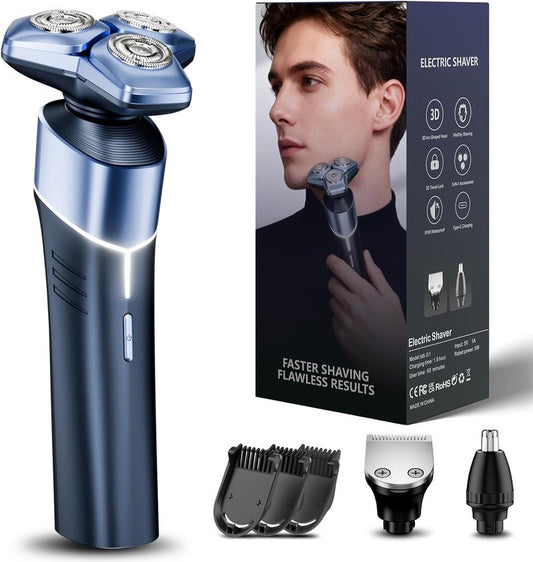 Electric Razor for Men - 3-in-1 Shaver with Hair Clipper & Nose Trimmer | Metallic Blue Finish