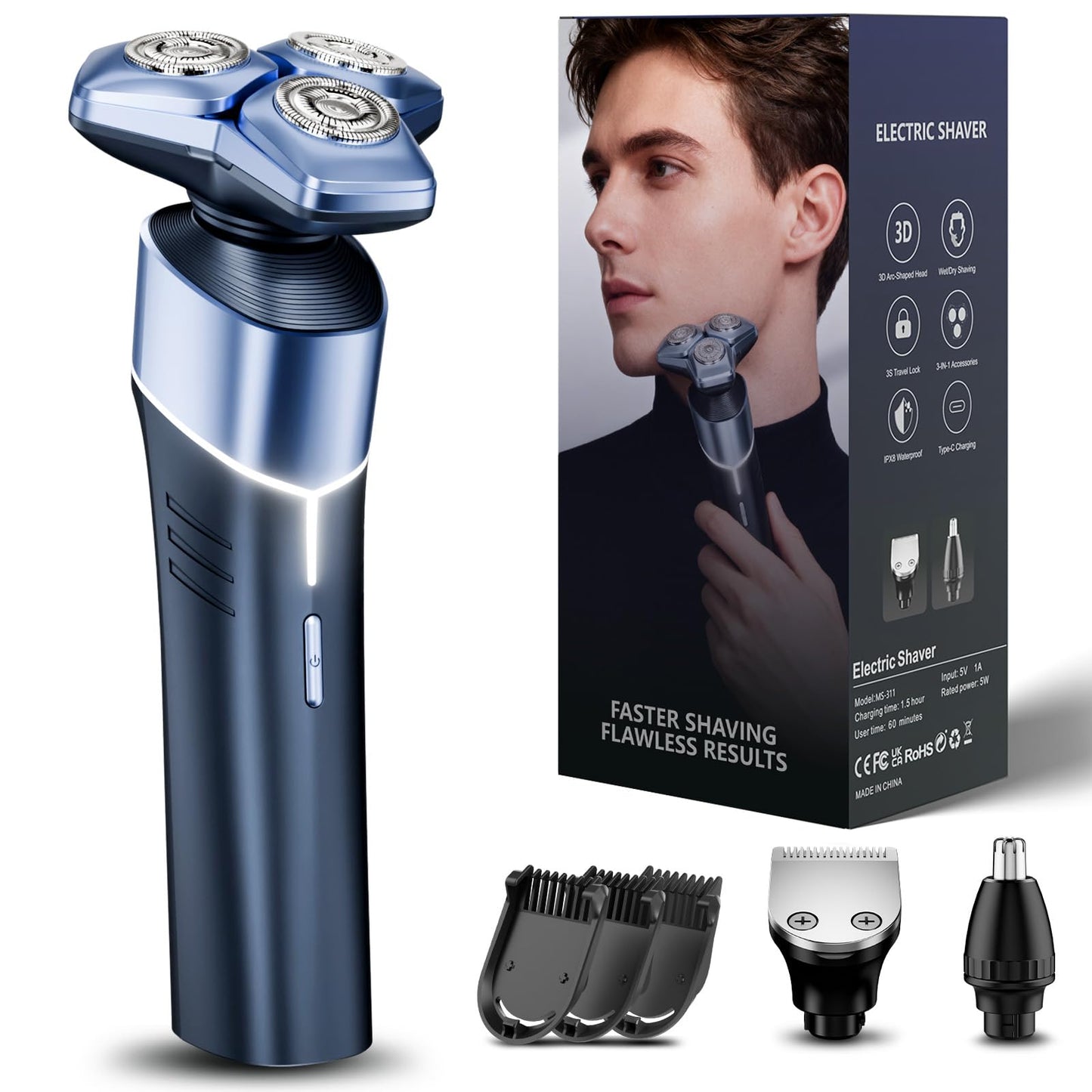 Electric Razor for Men: 3-in-1 Shaver with Hair Clipper and Nose Hair Trimmer, Metallic Blue