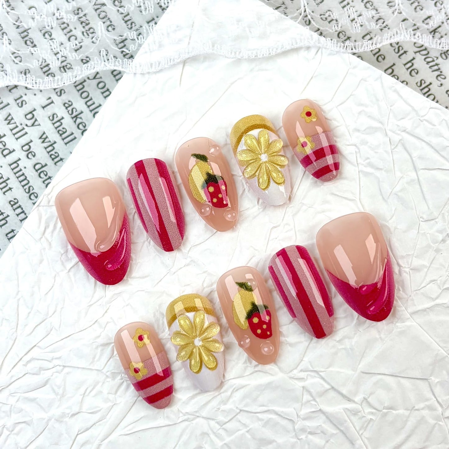 Summer Press-On Nails - 30Pcs Short Almond Floral & Fruit Designs | 3D Lemon & Strawberry Acrylic Full Cover