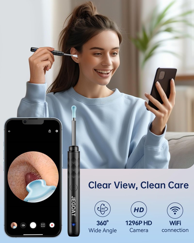 Jegoat Ear Wax Removal, Ear Wax Removal Tool Camera with 1296P HD Camera and 6 LED Lights, Ear Cleaner with 10 Ear Pick, Upgraded Ear Wax Removal Kit for iOS and Android, Black
