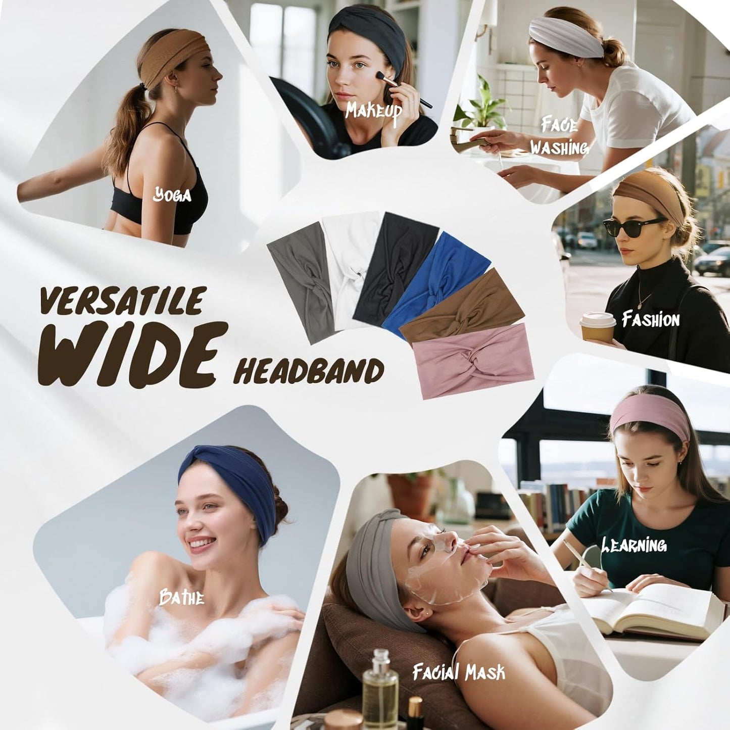 HSEM Wide Non-Slip Headbands for Women - Stretchy Cotton Hair Accessories | 6 Pcs for Gym & Workout
