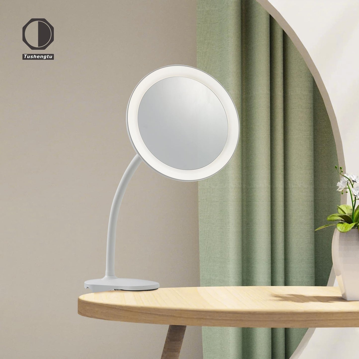 TUSHENGTU 6.5" Clip-On Magnifying Vanity Mirror - 5X Magnification, USB Rechargeable, Lighted, Travel-Friendly (White)