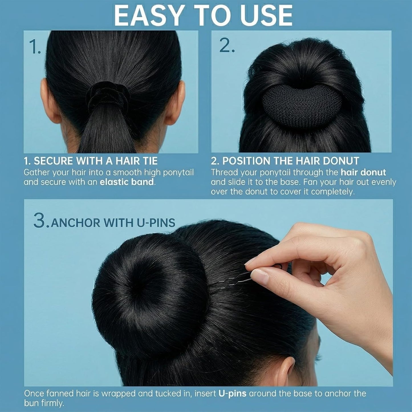Small Hair Donut Bun Maker - 6pcs Chignon Ring for Thin Hair | Includes 5 Hair Ties & 20 U Pins (Black)