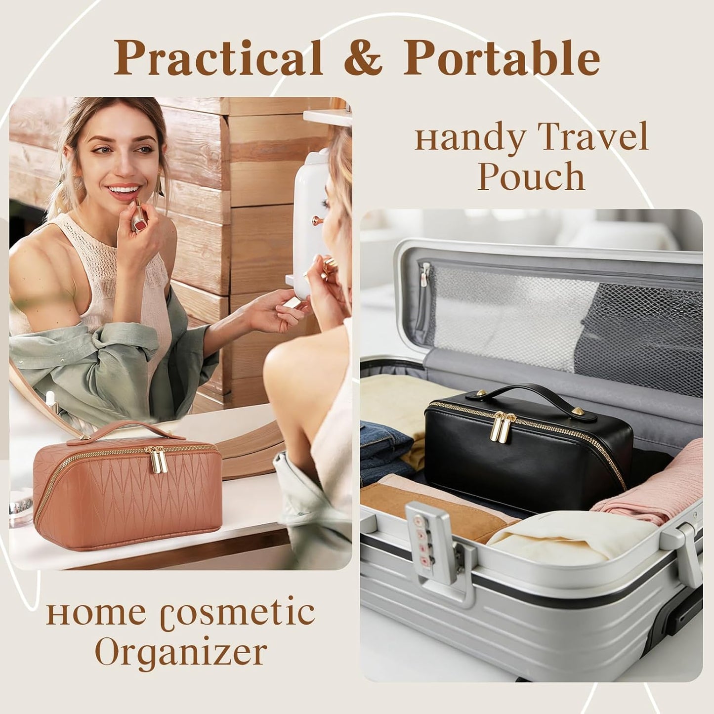Large Capacity Travel Makeup Bag - Waterproof Cosmetic Organizer with Compartments | Black