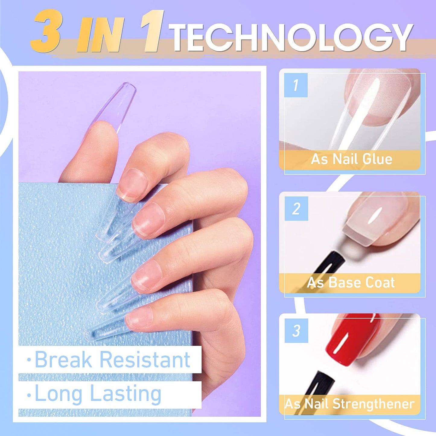 Gellen Nail Glue Gel, 2PCS 15ML 3 in 1 Gel Nail Glue for Acrylic Nail & Base Gel & Nail Strengthener Kit, Nail Glue for Press On Nails False Nails, Super Strong Gel Glue for Nail Extension