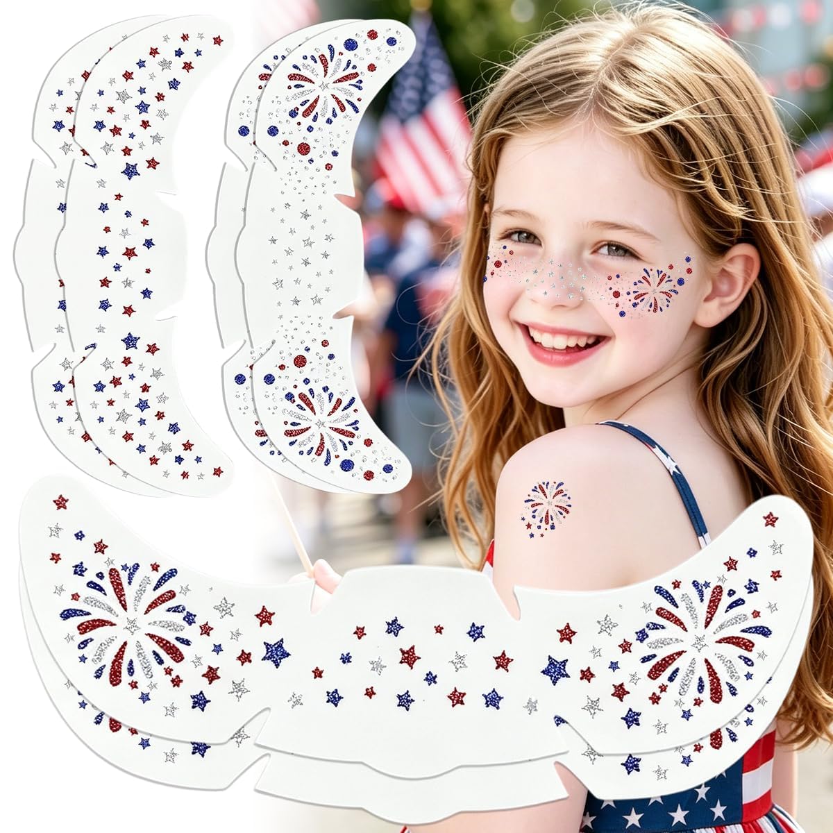 Mysense Waterproof 4th of July Temporary Tattoos - Red, White & Blue Glitter Face Stickers | Easy Application, 6 Sheets