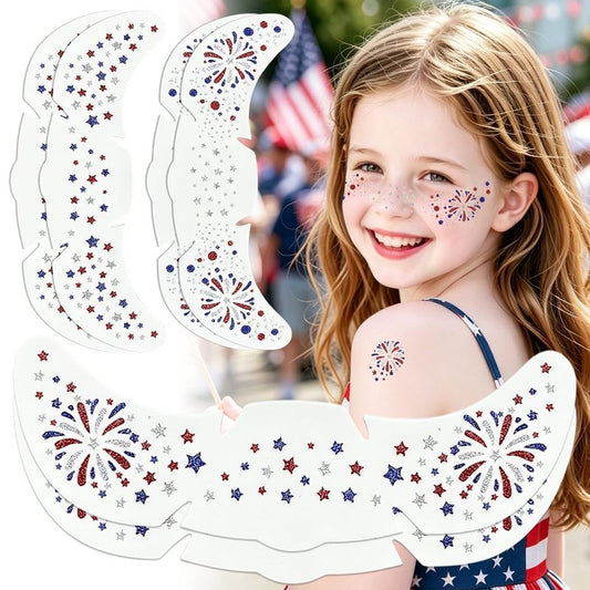 Mysense Waterproof 4th of July Temporary Tattoos - Red, White & Blue Glitter Face Stickers | Easy Application, 6 Sheets