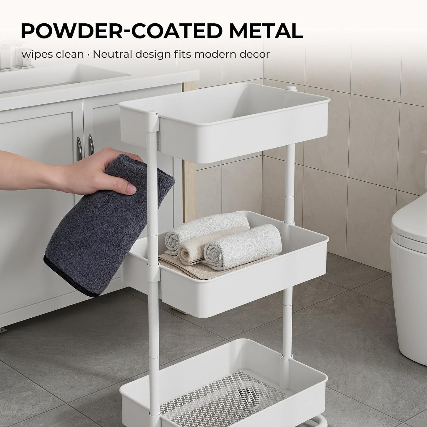 Utility Rolling Cart - Heavy Duty Metal Storage Organizer with Wheels | Portable 3-Tier Shelving Unit for Office, Bathroom, Kitchen (White)