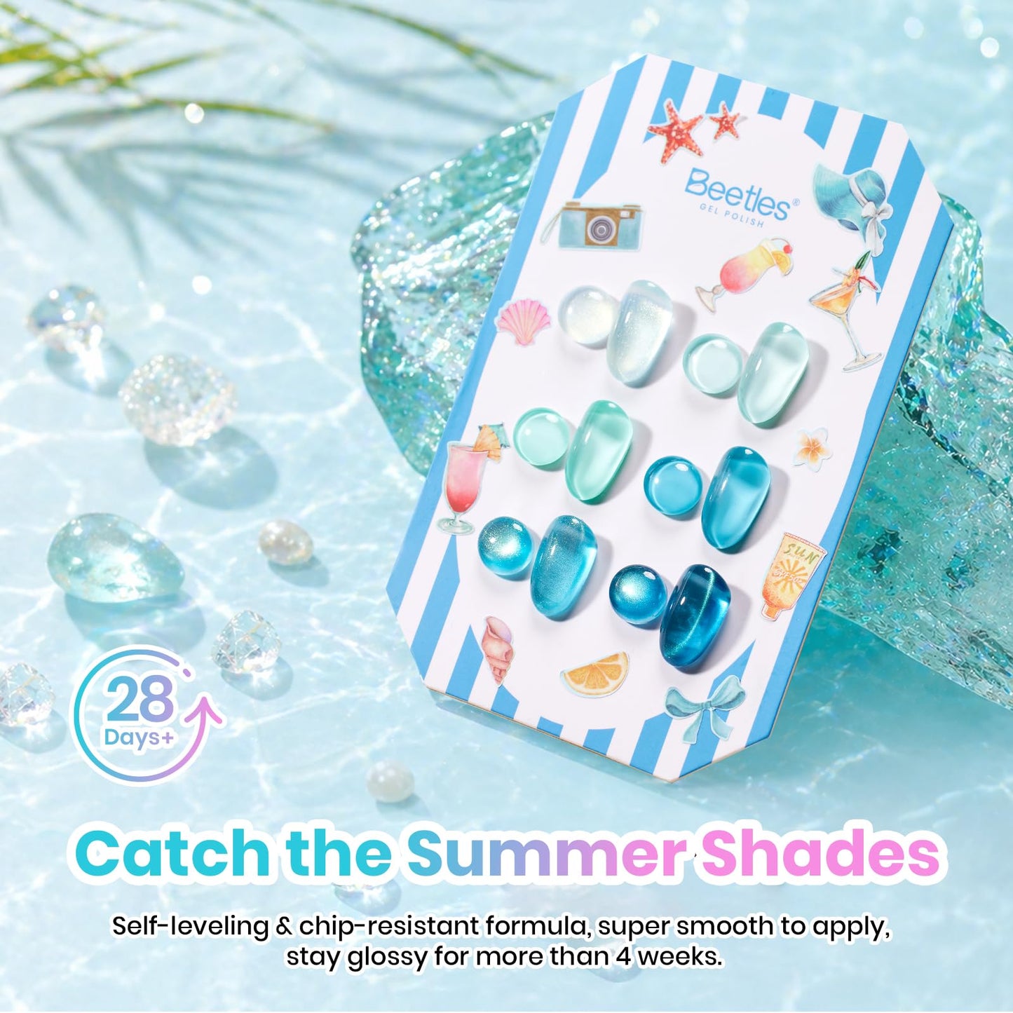 Beetles Blue Gel Nail Polish Set, Summer Voyage Shore Light Cat Eye Gel Polish 6 Colors Mint Green Lyons Nail Gel with Nail Art Stickers & Scrunchie, Soak Off Uv Manicure Kit Gift for Women