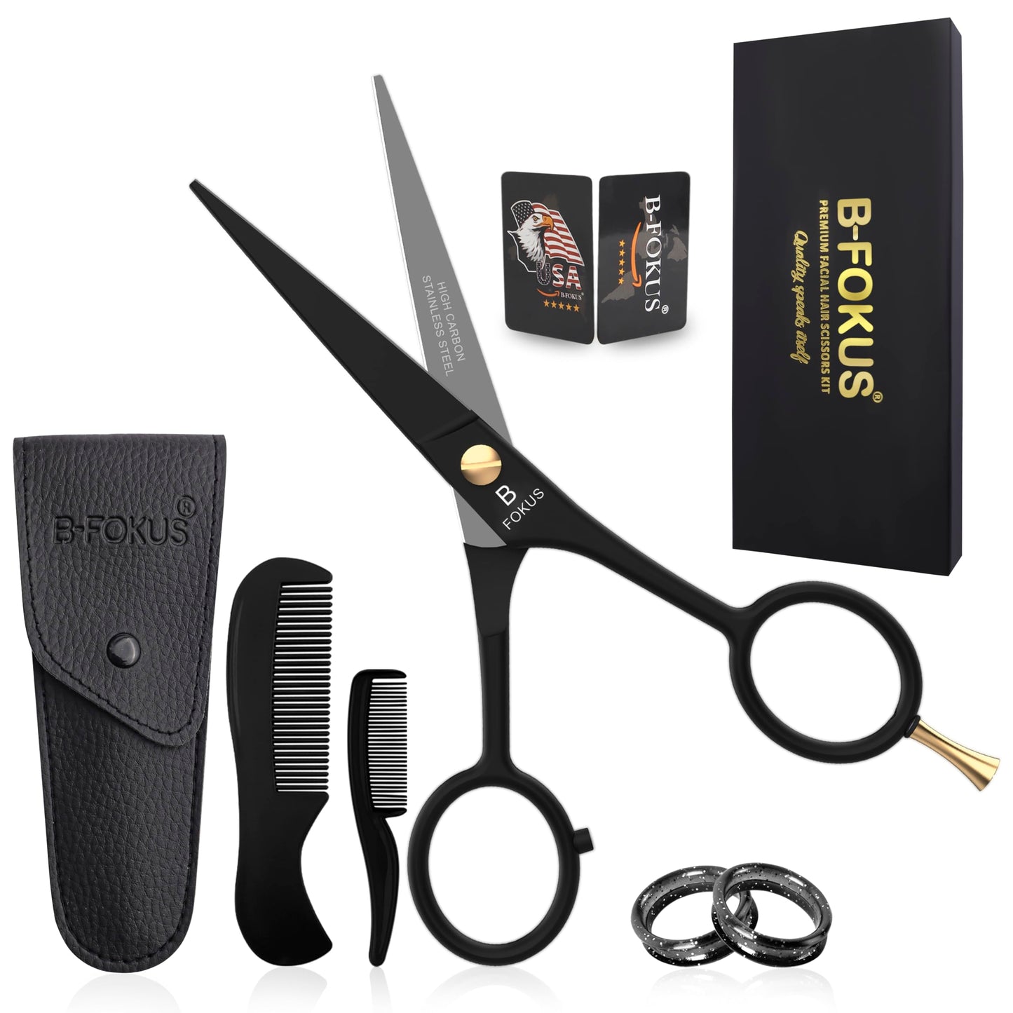5" Premium Beard Mustache Scissors, Black High Carbon Stainless Steel Beard Scissors with 1 Beard Comb, 1 Mustache Comb, 2 Stickers and Tarvel Pouch. Beard Trimming Scissors for All Facial Hair