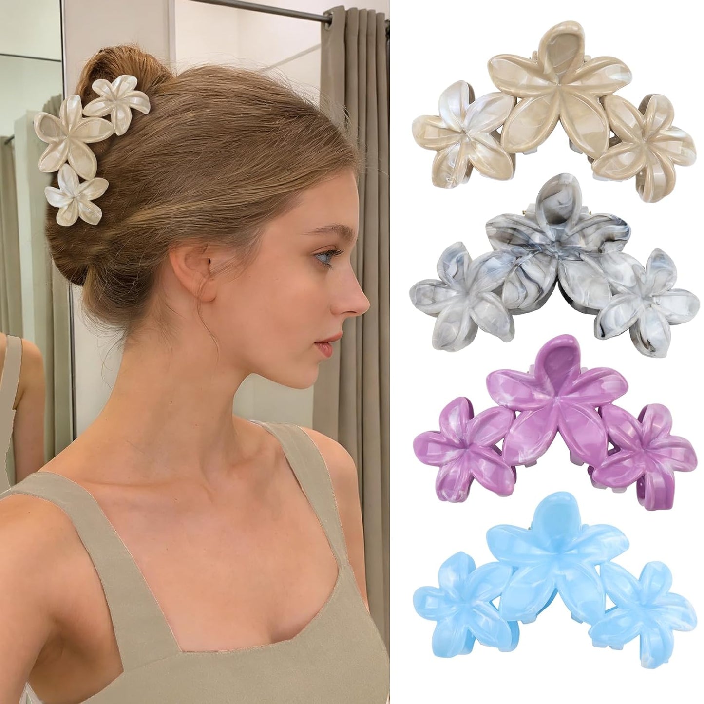 Cute Hawaiian Flower Claw Hair Clips - 4Pcs Large Clips for Thick or Thin Hair | Pink & Red Beach Accessories