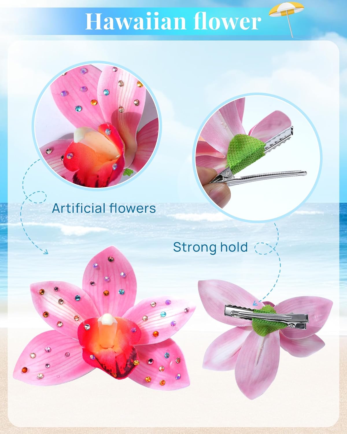 Hawaiian Flower Hair Clips - 3 Pack Tropical Orchid Hair Pins | Rhinestone Accessories for Weddings & Beach Parties (Pink)