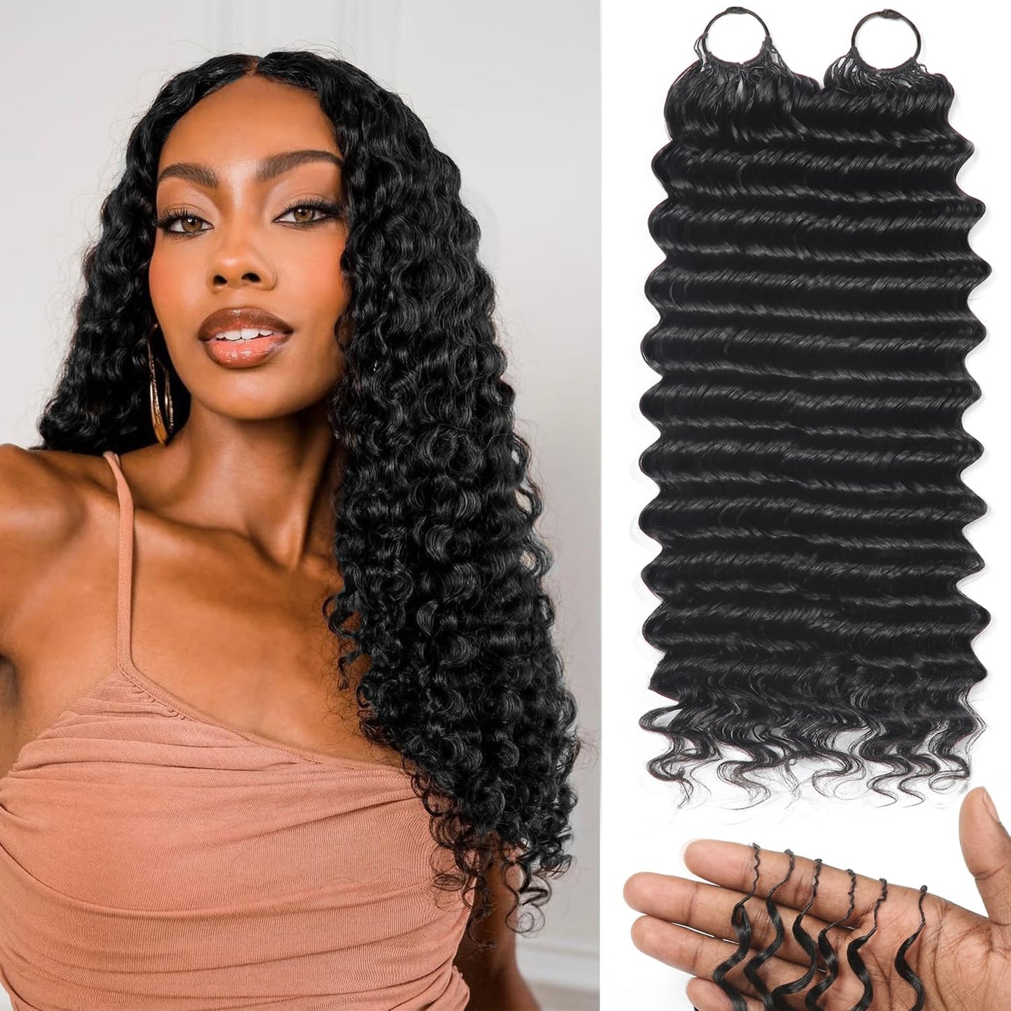 Human Crochet Hair - 18 Inch Deep Wave Bundles for Black Women | 50g Pre-Separated Extensions, Natural Black