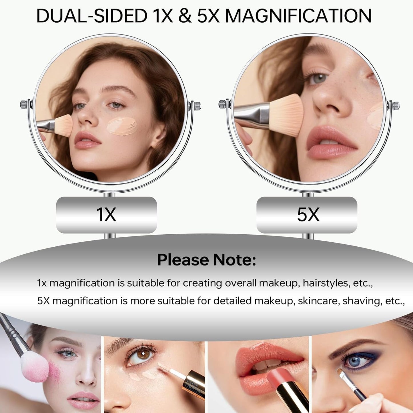 Tabletop Makeup Mirror - 1X/5X Double-Sided Magnifying Design | 7-Inch Chrome 360° Swivel Countertop Mirror