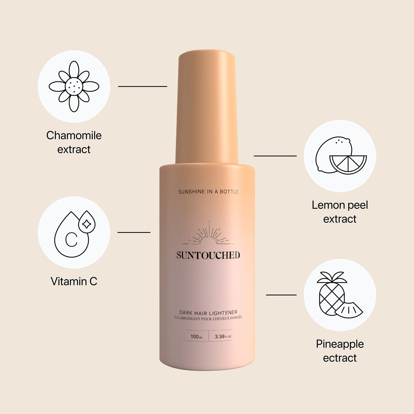 Suntouched Hair Lightener for Dark Hair - Natural Highlights Without Foils or Ammonia - Sun-Activated Gradual Lightening Spray for Brown to Black Hair with Chamomile - 3.38 Fl Oz