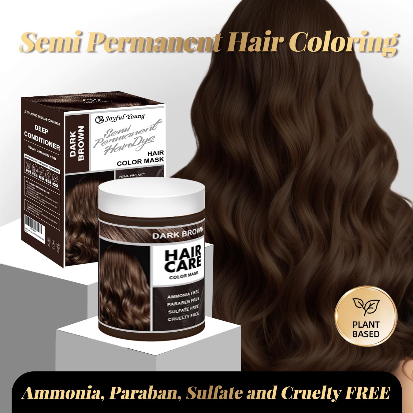 Vegan Semi-Permanent Hair Color Mask - Plant-Based Color Depositing Conditioner for Color-Treated Hair - 10.15oz | Dark Brown