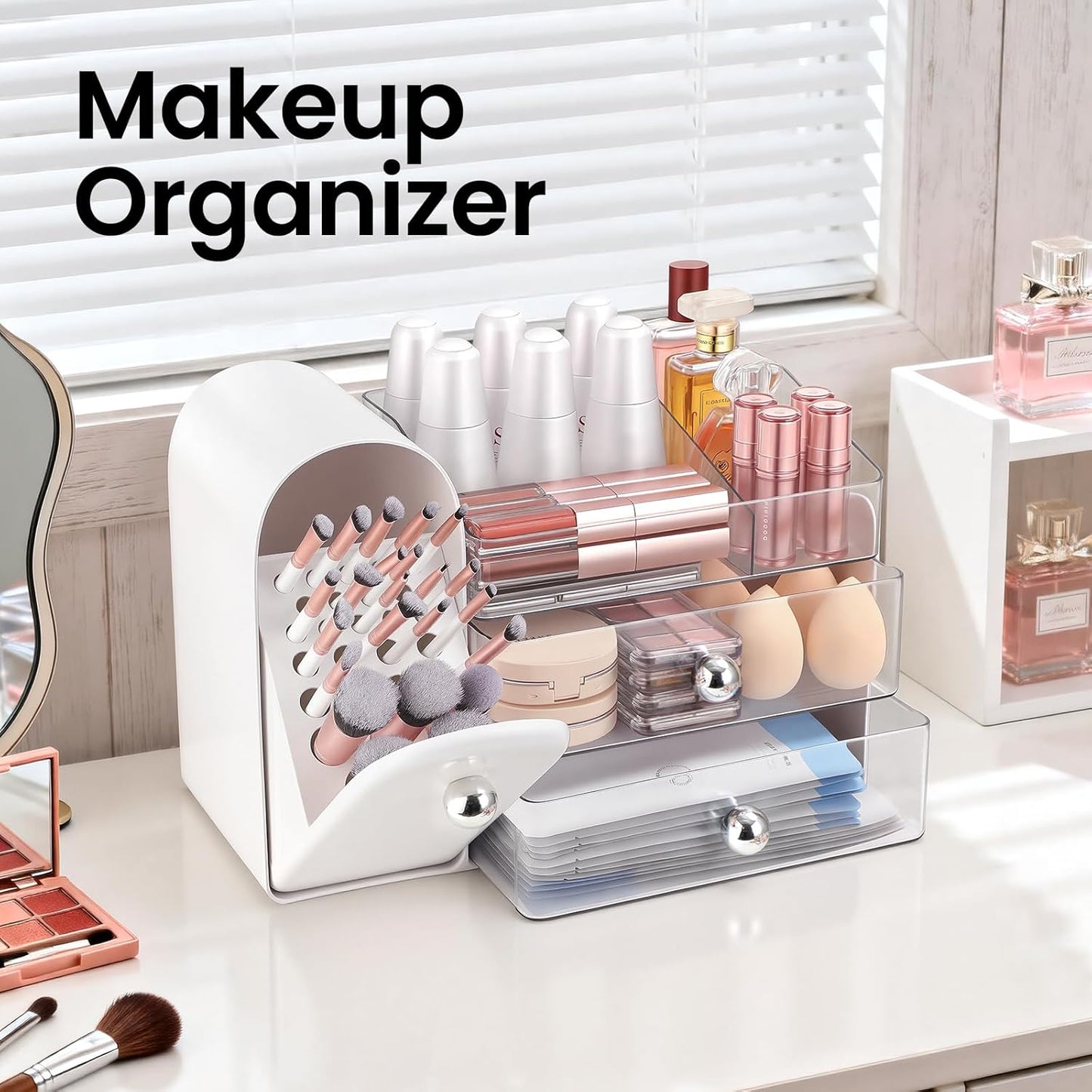Makeup Organizer - Large Vanity Storage with Brush Holder & Drawers | Perfect for Skincare, Lipstick, Perfume, and Nail Polish