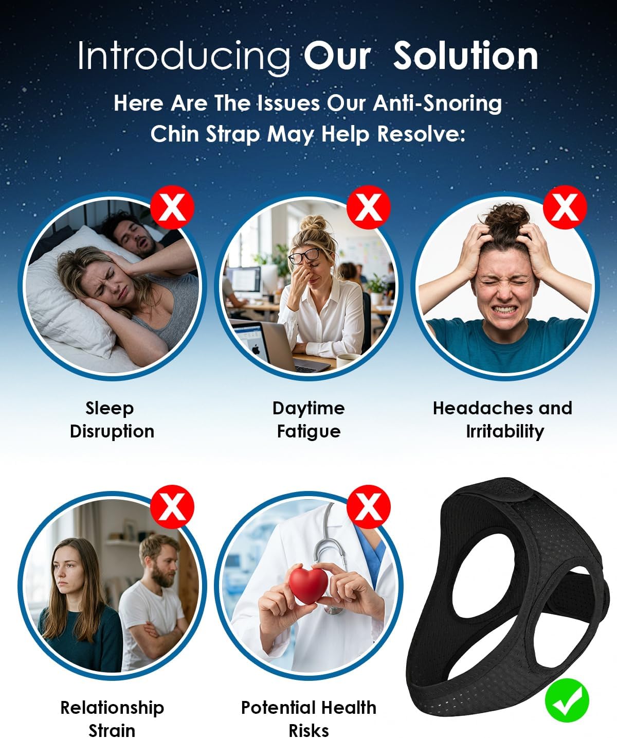 Anti Snore Chin Strap - Breathable Snoring Solution, Non-Stick Hair, Black | Comfortable Fit