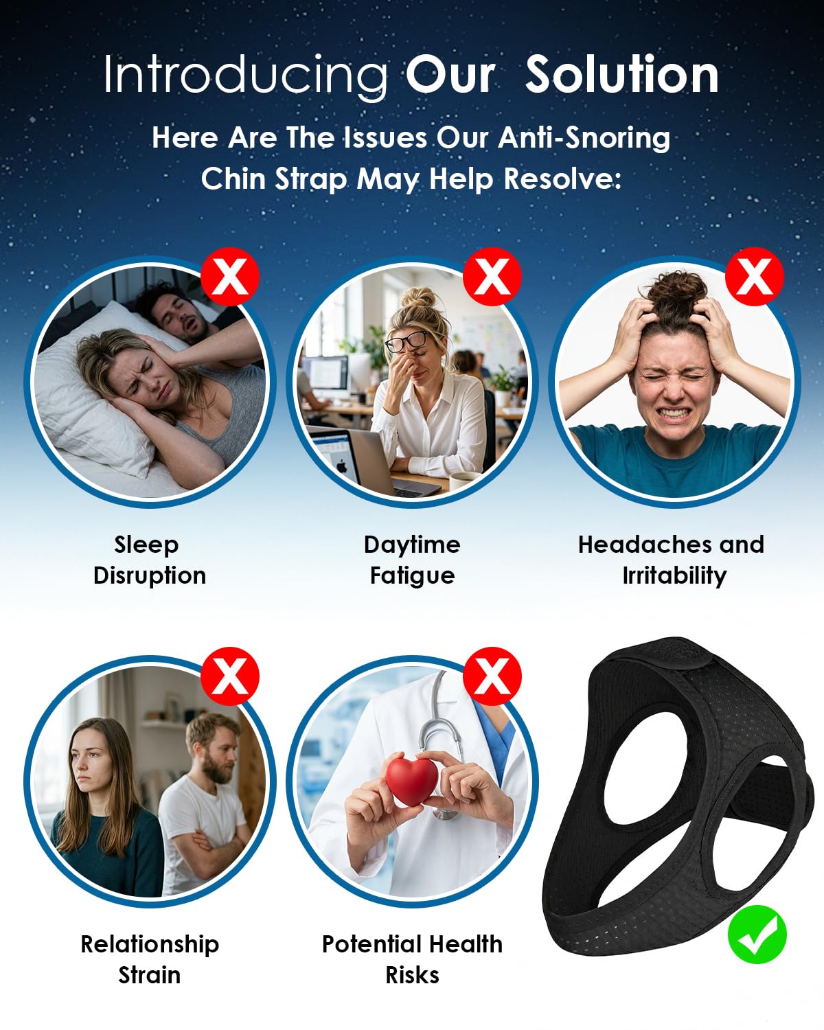 Forzacx Anti Snore Chin Strap - Breathable Chin Strap Snoring Solution, Effectively Reduce Snoring, Non-Stick Hair, Don't Fade - Black