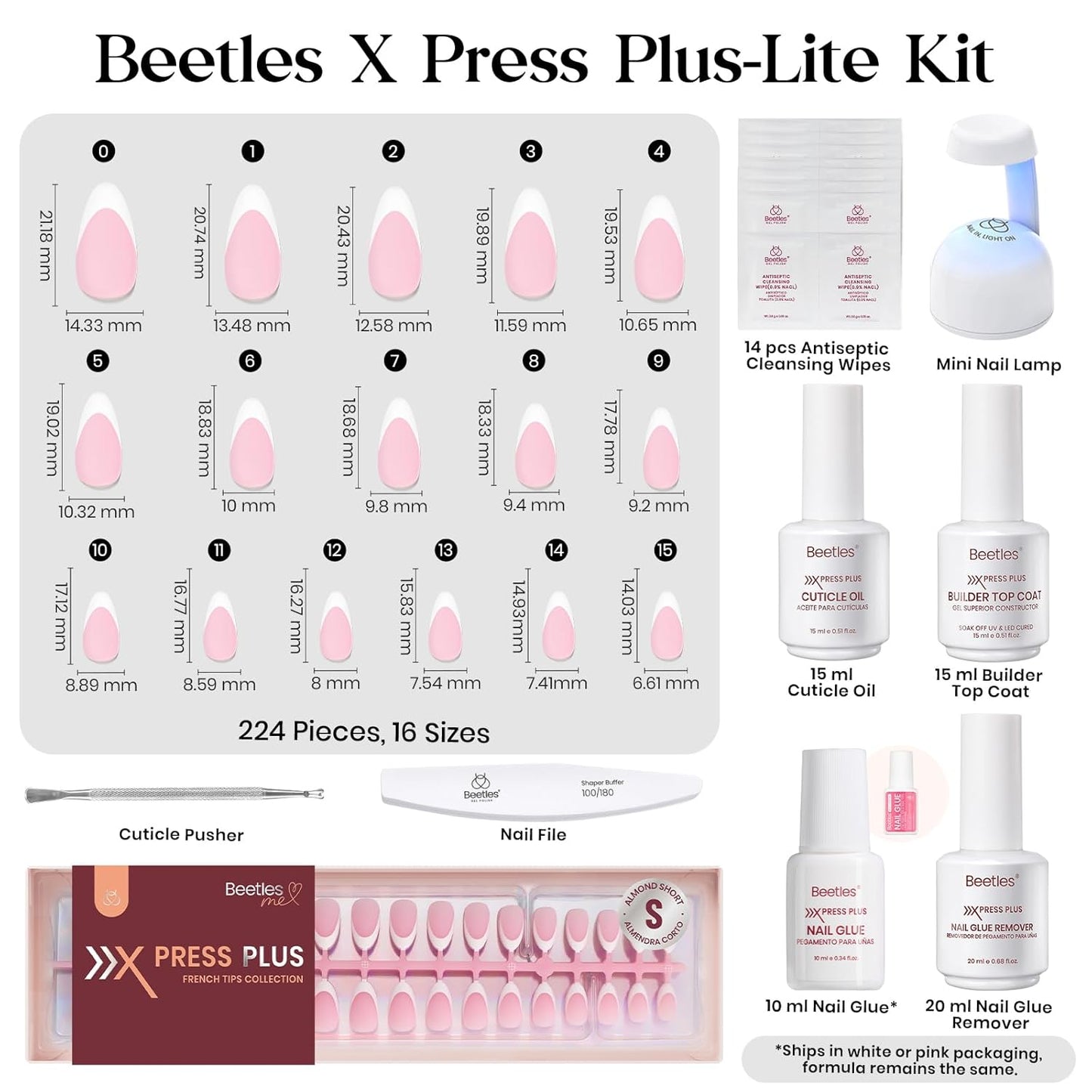 Press On Nails Short Almond Kit - 224Pcs French Nail Tips, Glue & Mini Lamp | All-in-One DIY Gift for Women