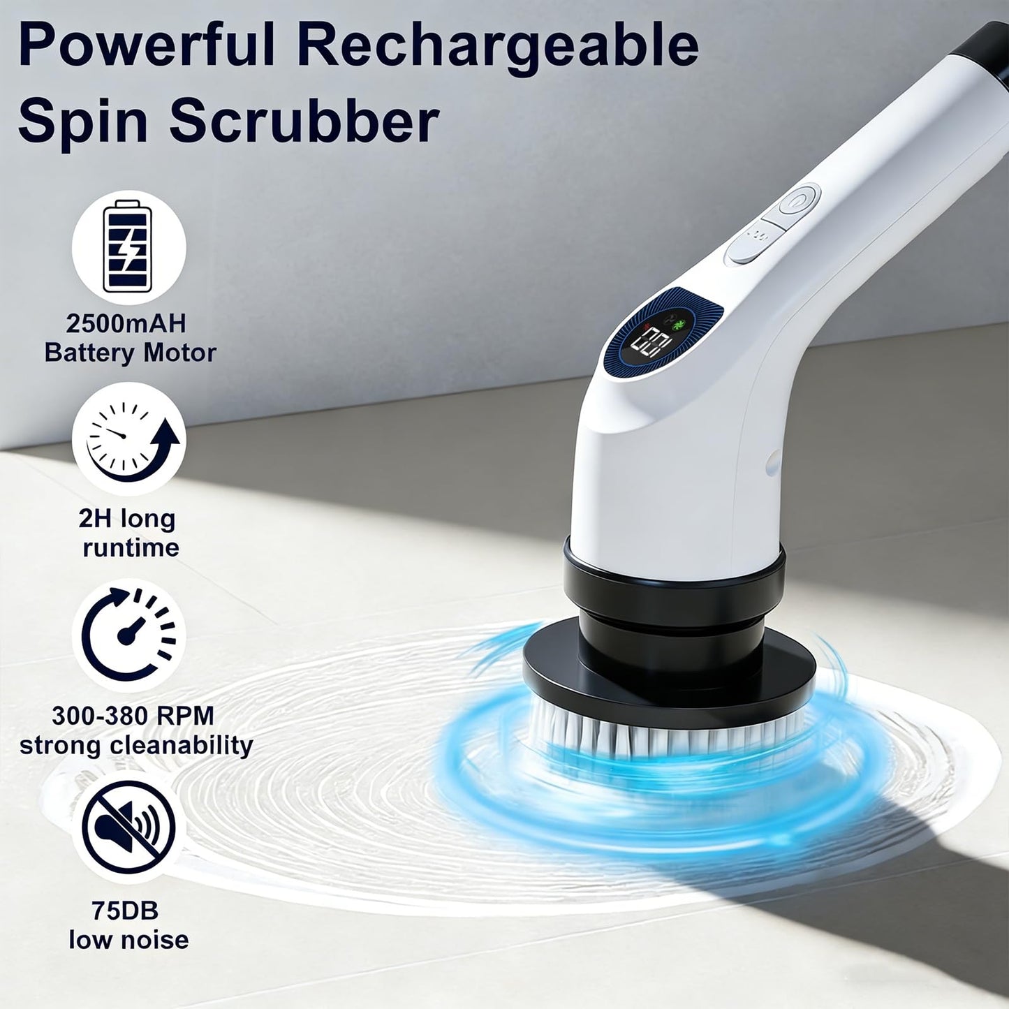 Cleanninja Electric Spin Scrubber for Cleaning, Adjustable Shower Brush with 7 Replaceable Heads & Power LED Display, 2 Speed Waterproof Cordless Shower Scrubber for Bathtub, Kitchen, Car, White