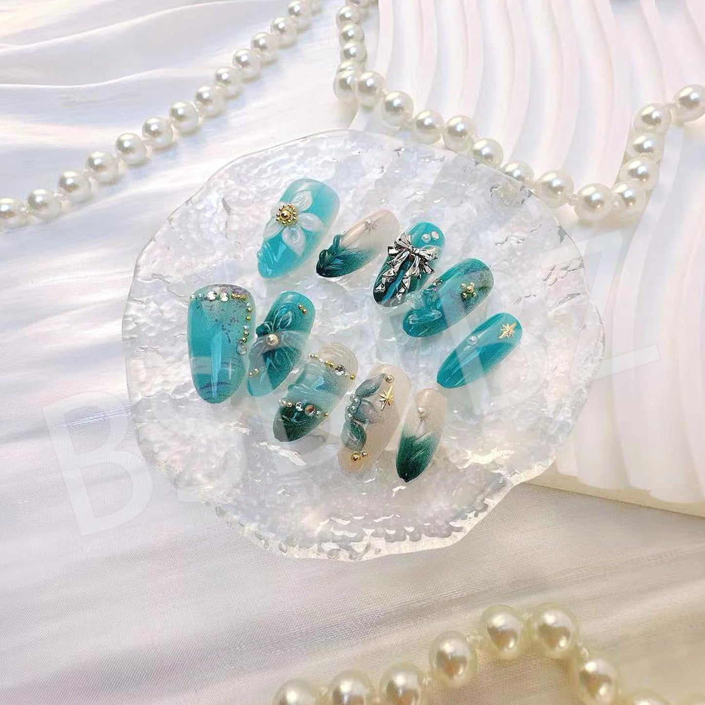 Handmade Blue Press-On Nails - 30Pcs Medium Almond Design with Gold Beads & Rhinestones | Full Cover 3D Butterfly & Flower Patterns