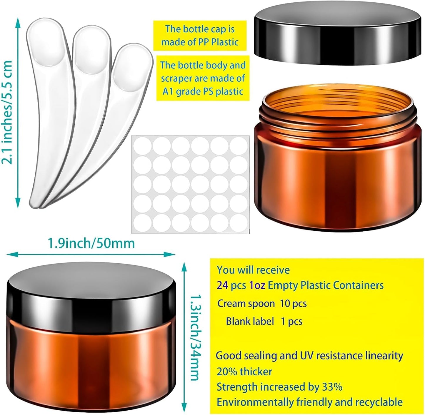 Amber Plastic Jars - 20 Pack 1oz Refillable Makeup Containers | Leakproof Travel Jars for Cream, Lotion, Powder