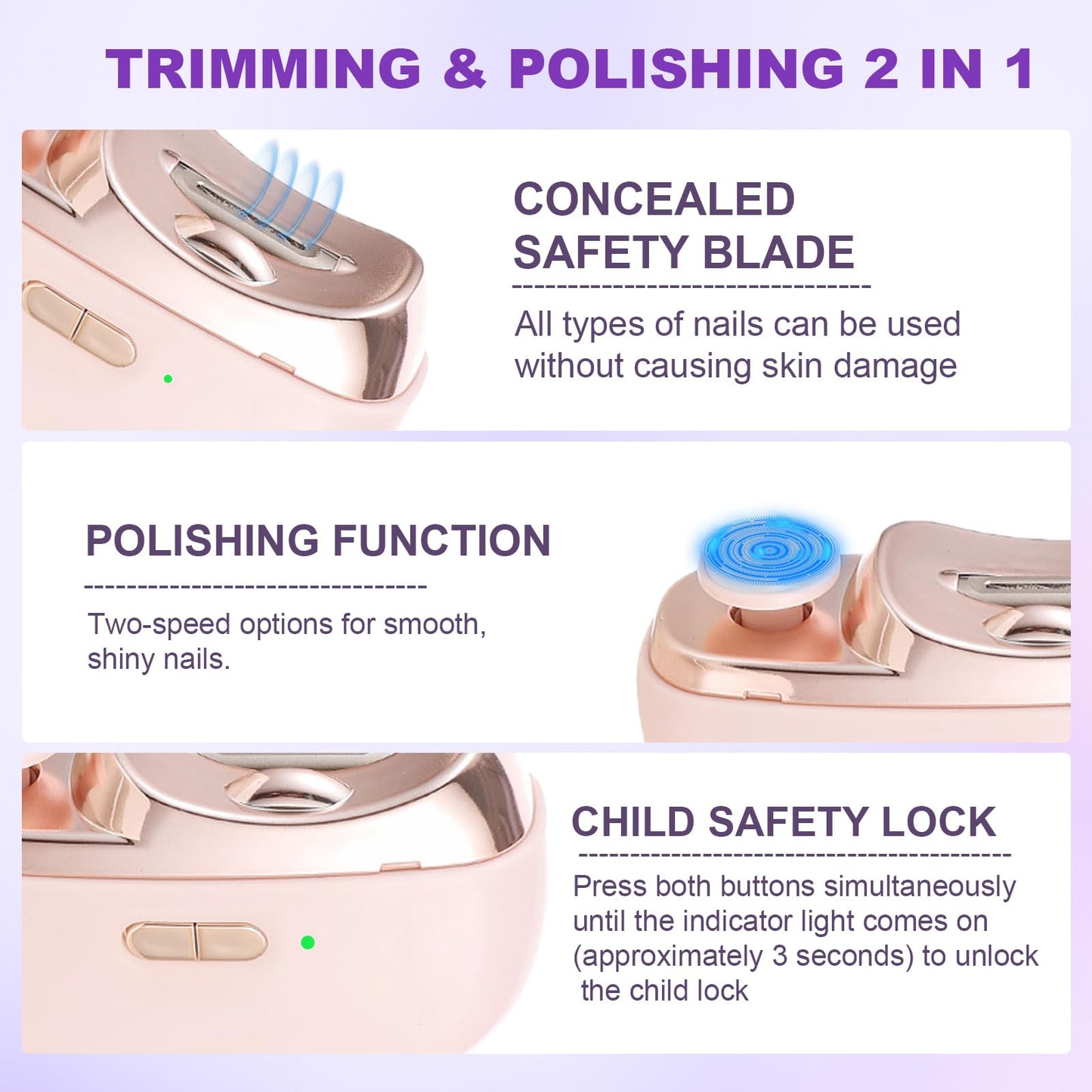 Electric Nail Clipper, 2 in 1 Electric Nail Clippers for Seniors and Adults, Baby Automatic Nail Clipper with Polishing, Light & Storage, Smart Nail Clipper 2-Speed for Fingernail (Pink)
