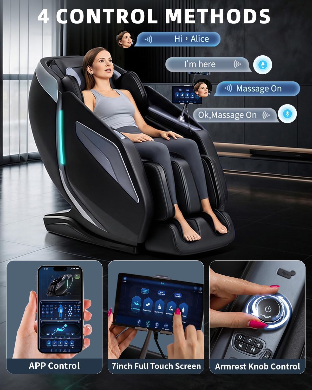Zero Gravity Massage Chair - 4D Shiatsu Body Scan with AI Voice Control | Heated Back & Leg Airbags - Black