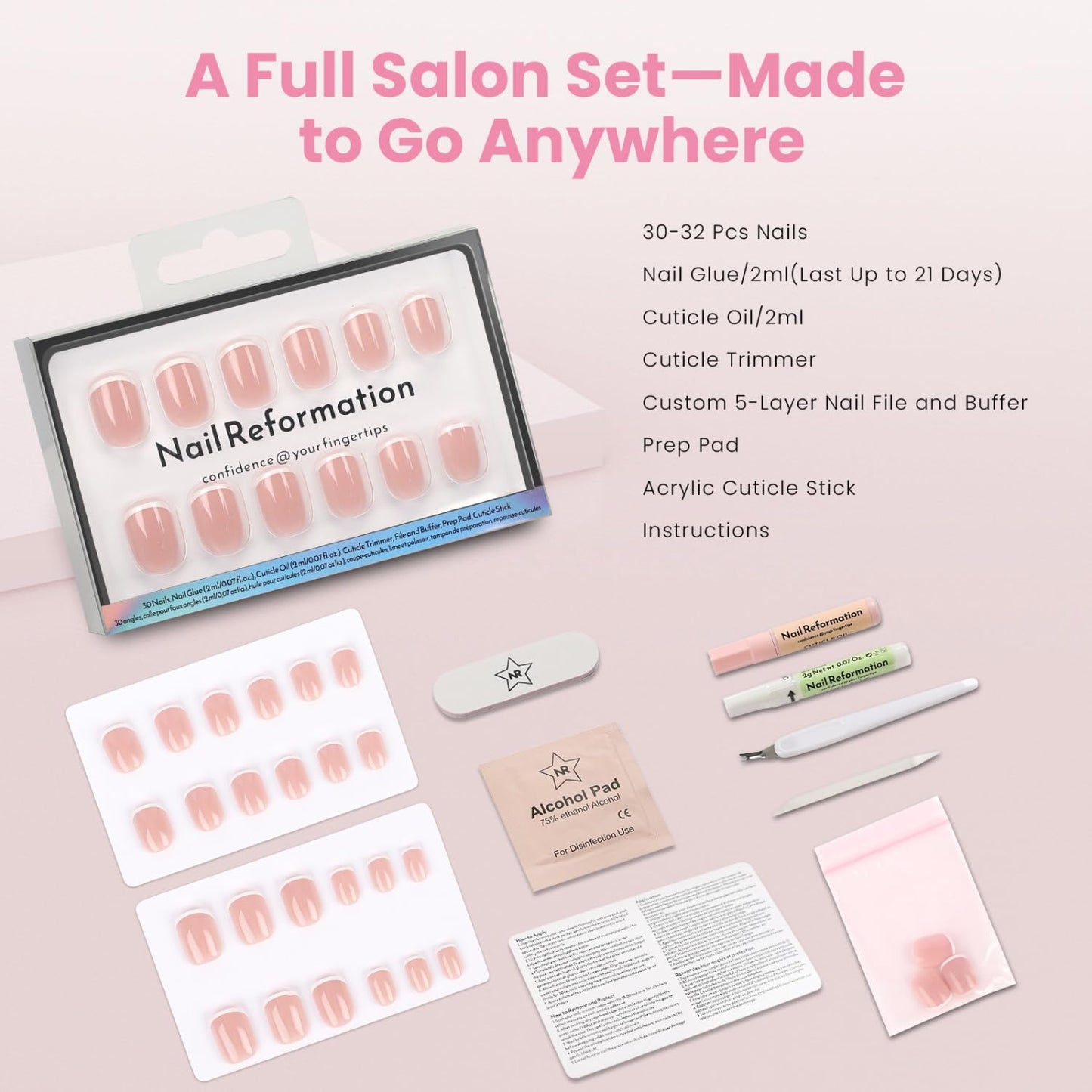 Press On Nails - She's a Natural | Short Square White French Tip on Nude Base, Glossy Finish - 30 Reusable Stick-On Nails in 15 Sizes for Women
