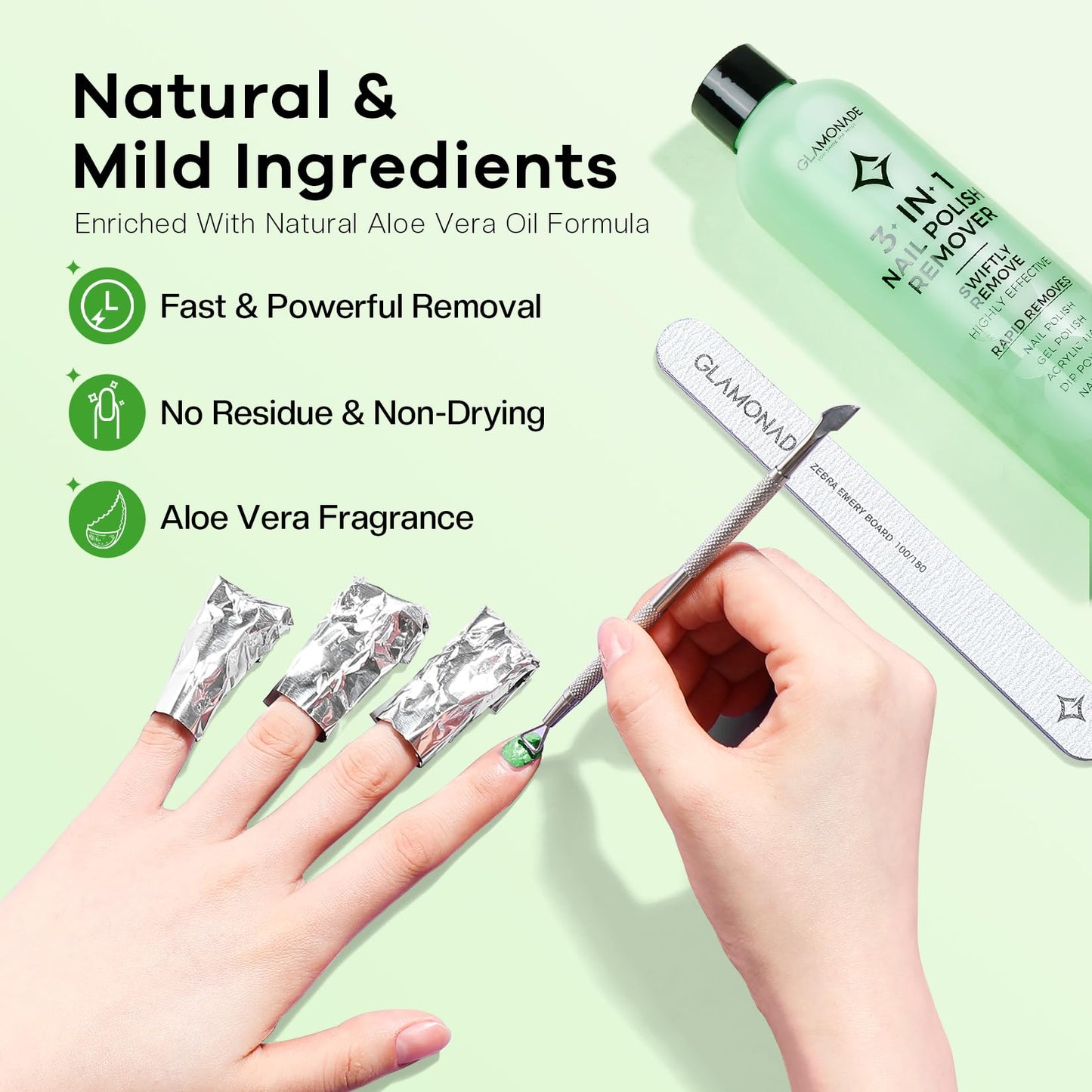 Glamonade Acetone Nail Polish Remover: Professional Soak off Gel Polish Remover Natural Formula Aloe Vera Essential Oil for Acrylic Dip Powder Nail Supplies for Home Salon(8 Fl.Oz.)