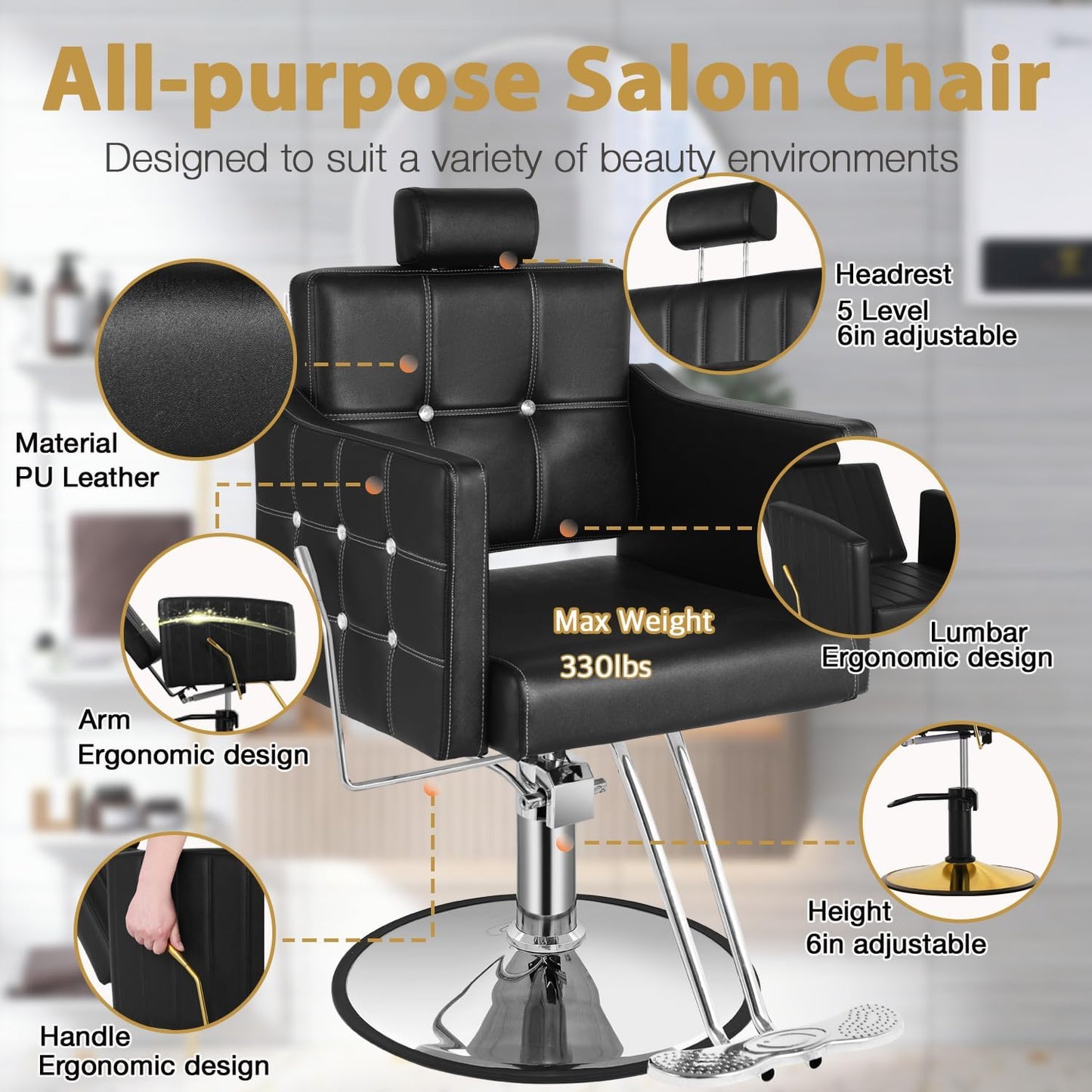 Reclining Salon Chair - Adjustable Barber Chair with 350LBS Hydraulic Pump | Black, 135° Recline for Beauty & Tattoo Studios