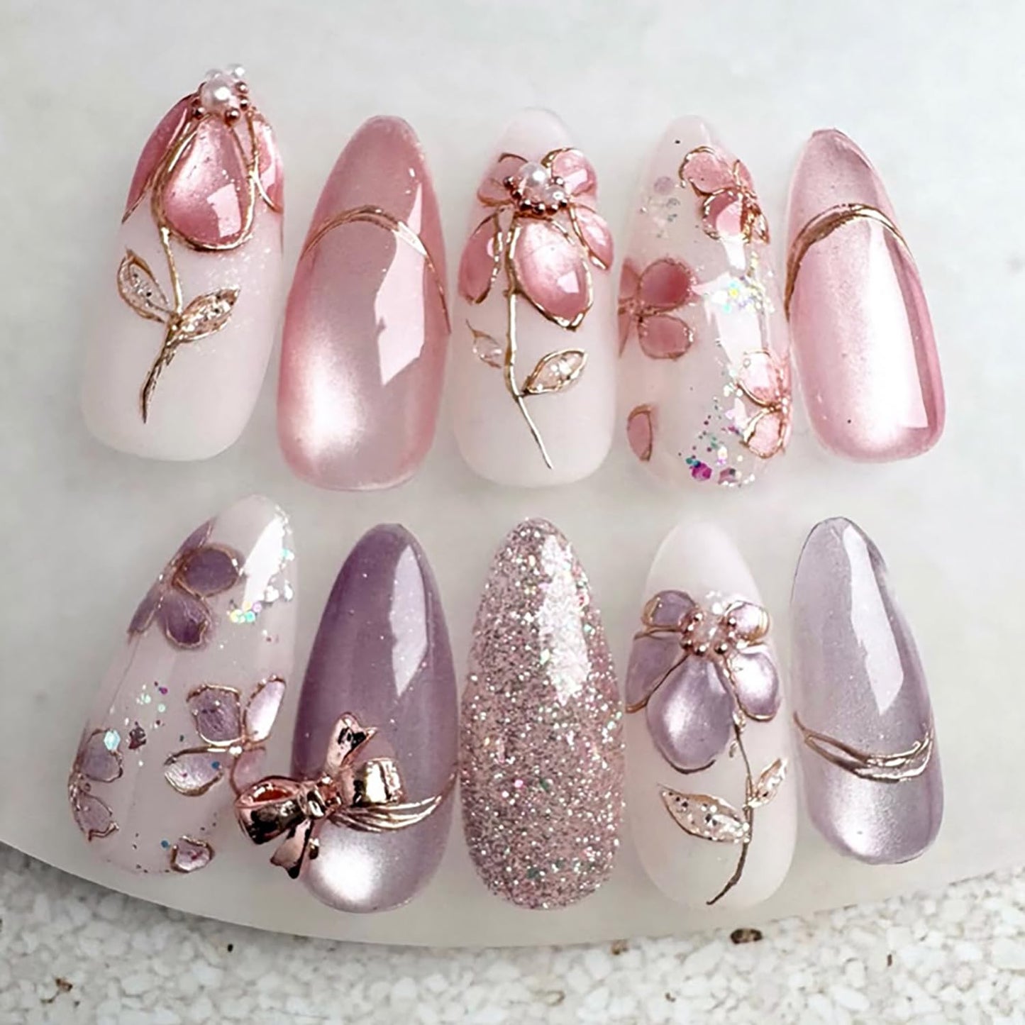Press On Nails - 24Pcs Medium Almond French Tip with 3D Gold Starfish & Flower Designs | Full Cover Summer Acrylic Nails