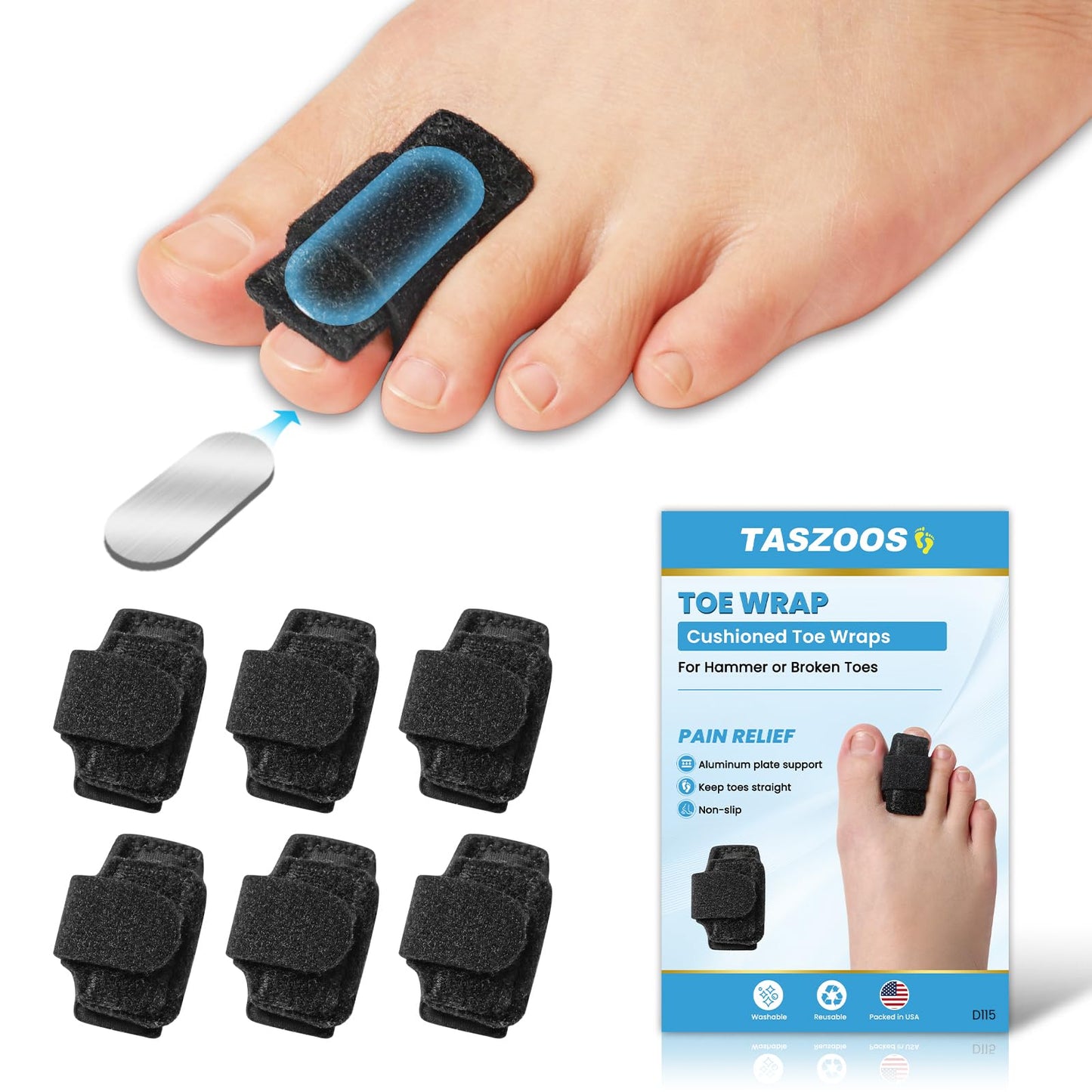 TASZOOS Hammer Toe Straightener for Women & Men, 6 Pcs Adjustable Hammer Toe Corrector with Aluminum Plate Support, Toe Splints for Hammer, Curled, Bent, Toe Wrap for Resting, Walking, Standing