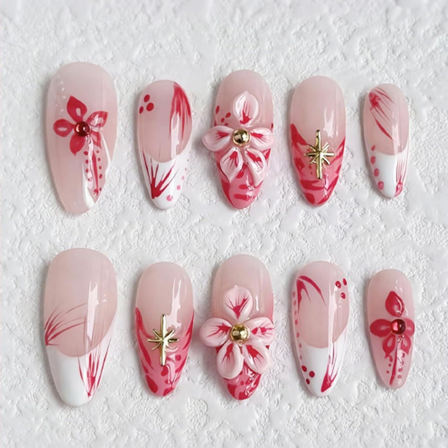 Gothic Press On Nails - Long Stiletto Acrylic Nails with 3D Metal Balls | Dark Red Gradient, 24 Pcs