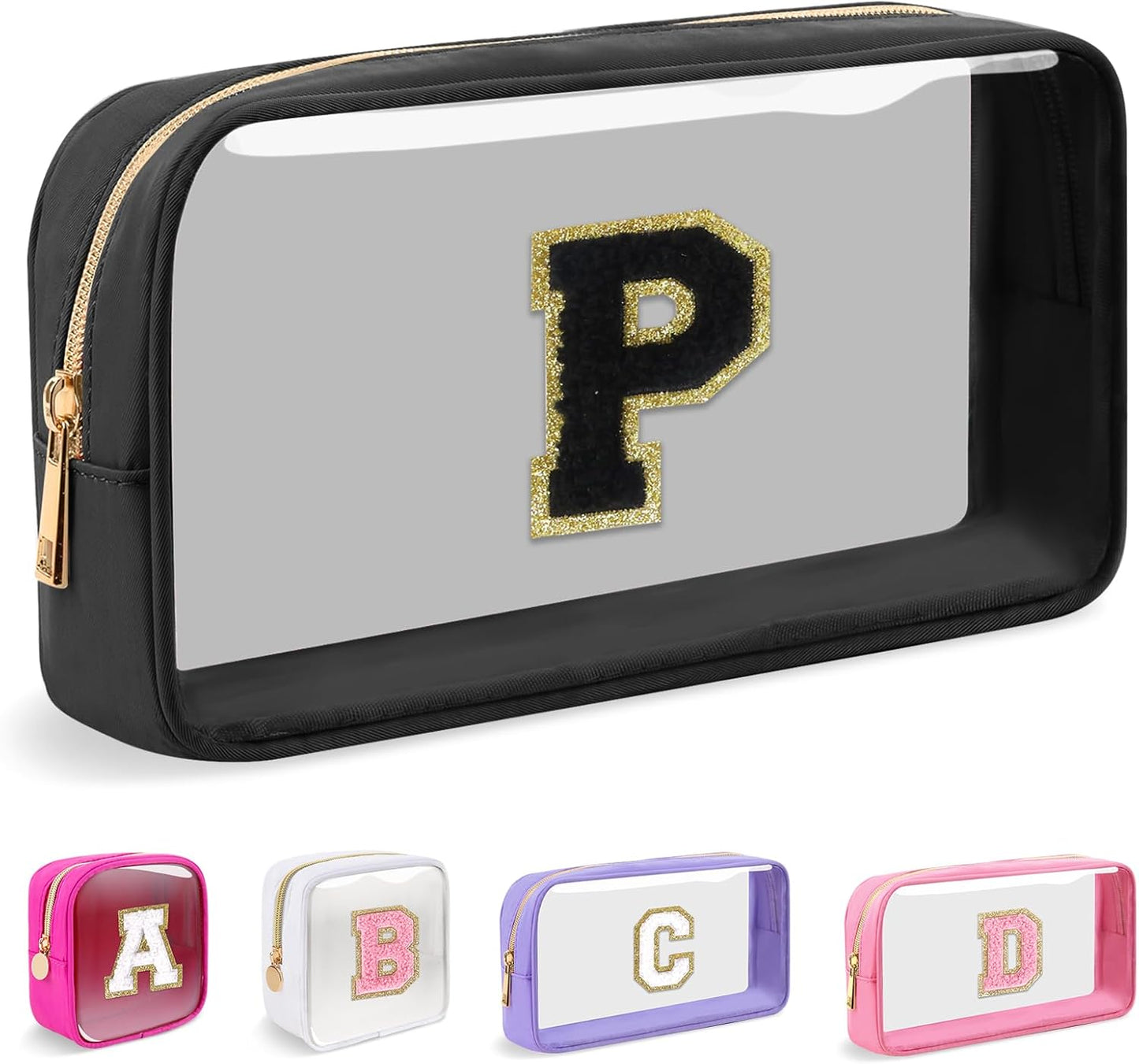 Personalized Initial Makeup Bag - Waterproof Nylon Cosmetic Pouch | A-Z Chenille Letter Patch, White-Pink G