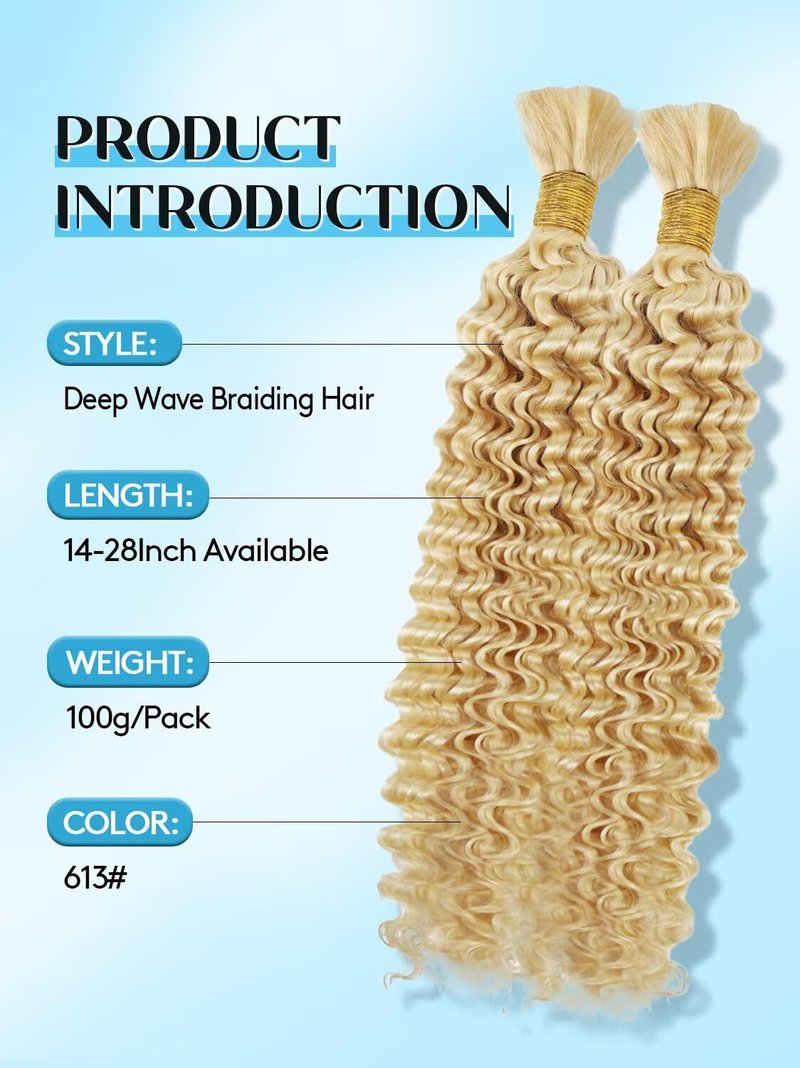 Unprocessed Human Hair for Braiding - #613 Platinum Blonde Curly Bulk Hair, 12A Grade, 14 Inch, 100g (2 Bundles)
