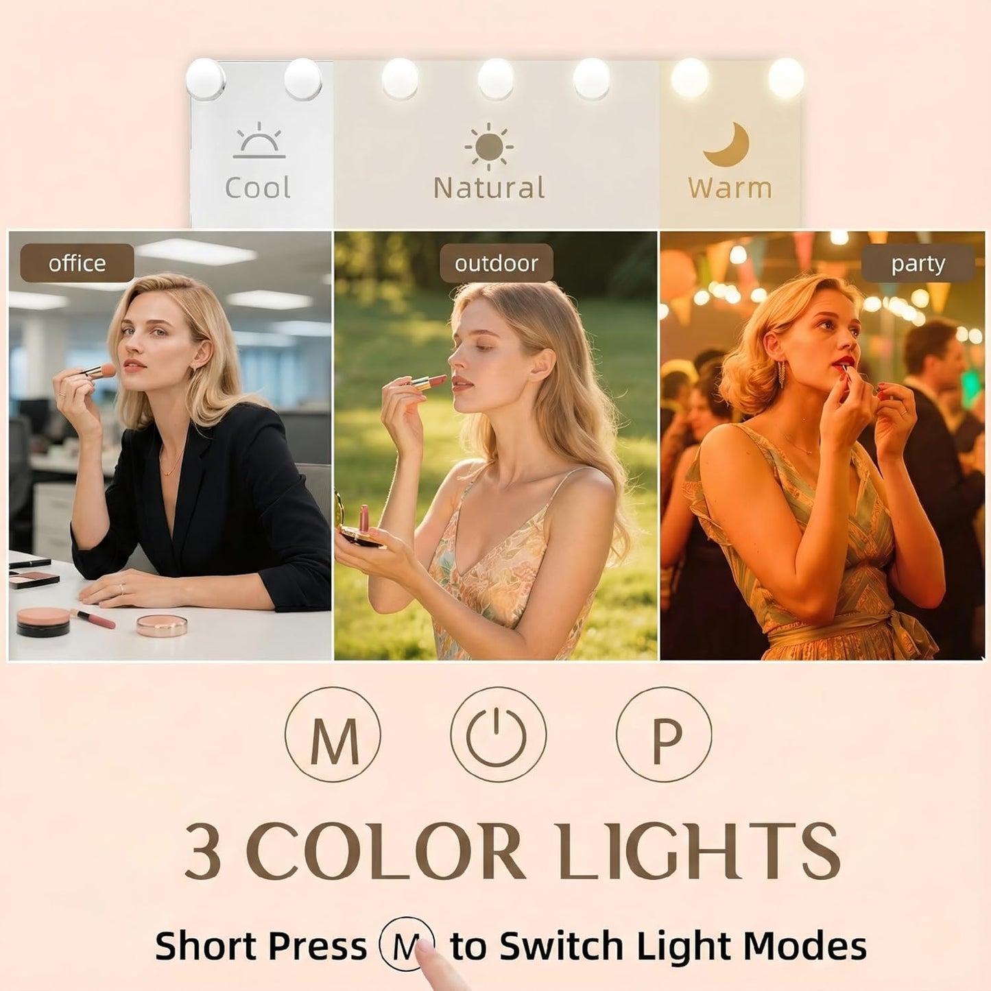 Makeup Vanity Mirror - 15 Dimmable LED Bulbs, 3 Color Lights | 23"x18" Large White Lighted Mirror with 10X Magnifying Feature