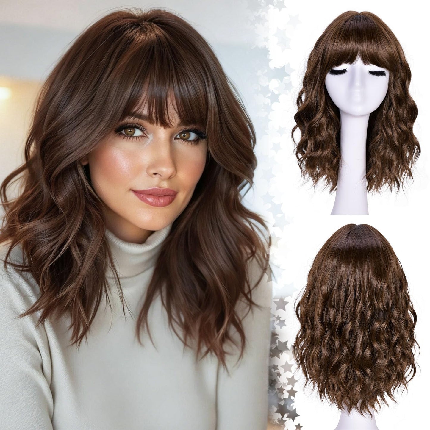 Short Wavy Wig with Bangs - Natural Curly Synthetic Hair for Daily Wear | 14-Inch Brown Highlight
