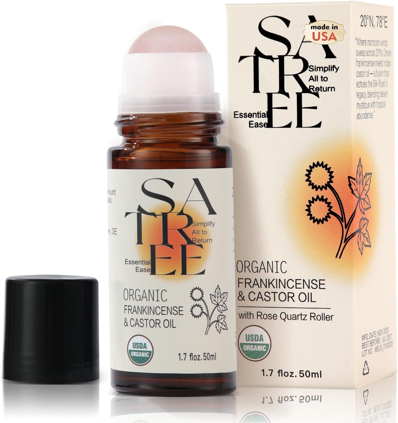 Organic Castor & Frankincense Oil Roll-On - USDA Certified Essential Blend with Rose Quartz Rollerball for Anti-Aging & Dark Circles (1.7 fl oz)