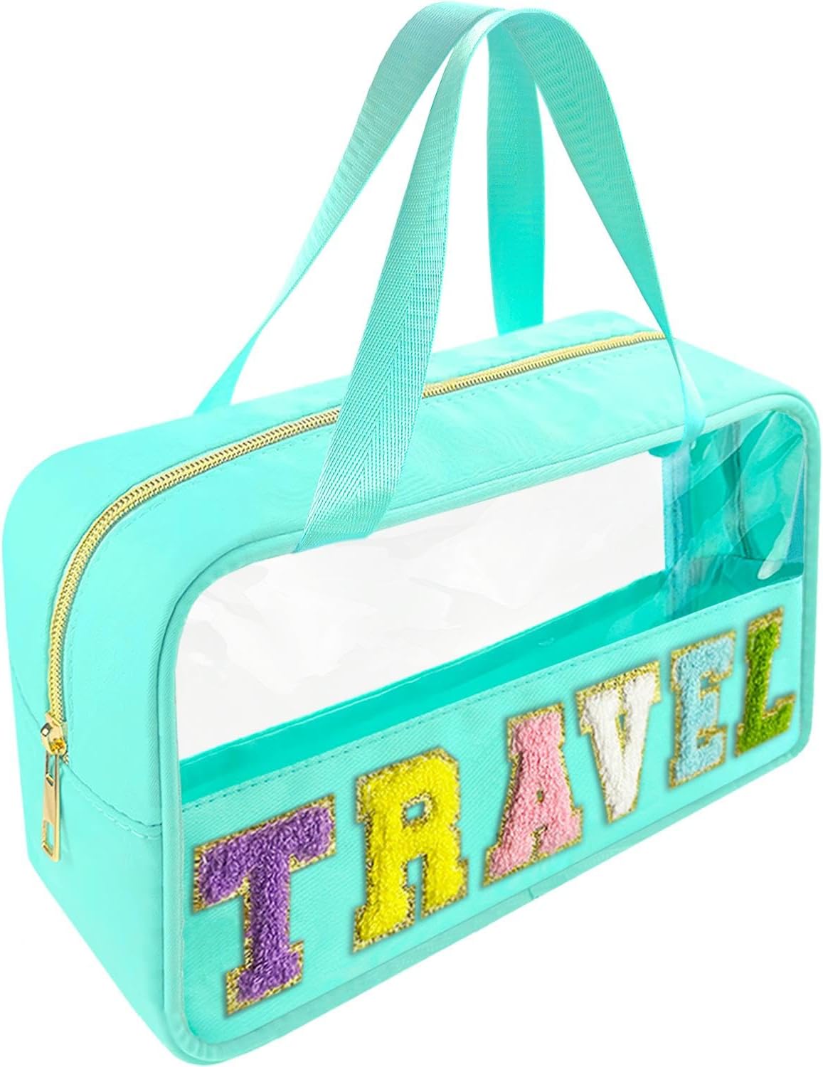 Chenille Letter Clear Makeup Bag - Waterproof Travel Toiletry Bag with Handle | Preppy Dance Patch Design (Black)