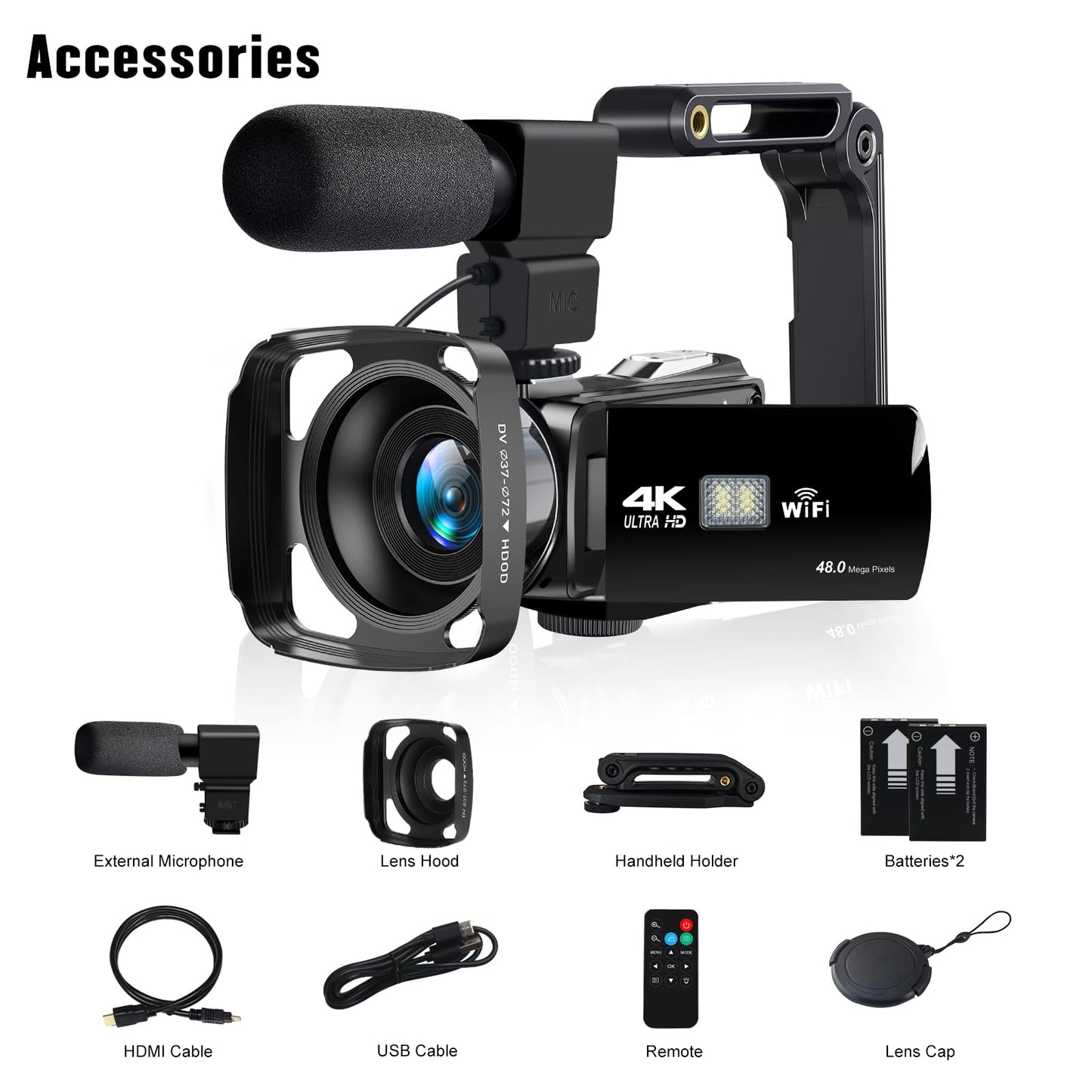 lovpo Camcorder Video Camera 4K 48MP HD Camera Recorder, 18X Digital Zoo 3" Touch Screen Vlogging Camera for YouTube with Microphone, Stabilizer, Lens Hood, Remote and 2 Batteries
