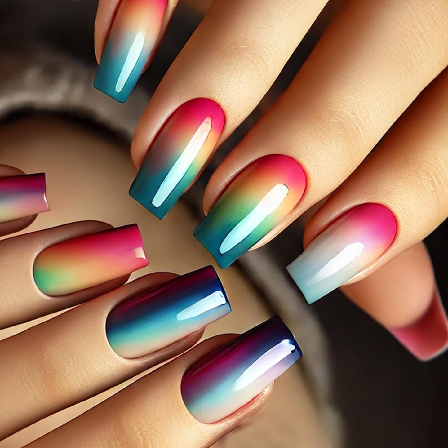 Ombre Press on Nails Colorful Gradient Smudge Fake Nails Medium Square False Nails Glossy Acrylic Nails Reusable Glue on Nails Spring Summer Full Cover Stick on Nails for Women 24Pcs